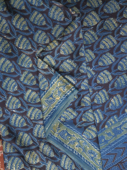 Blue Handblock Printed Modal Silk Saree