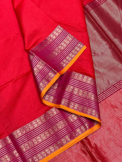 Coral Red Silk Cotton Maheshwari Saree