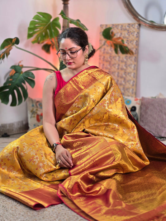 Golden Yellow Pure Tissue Kanjivaram Saree