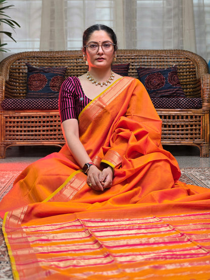 Orange Silk Cotton Maheshwari Saree