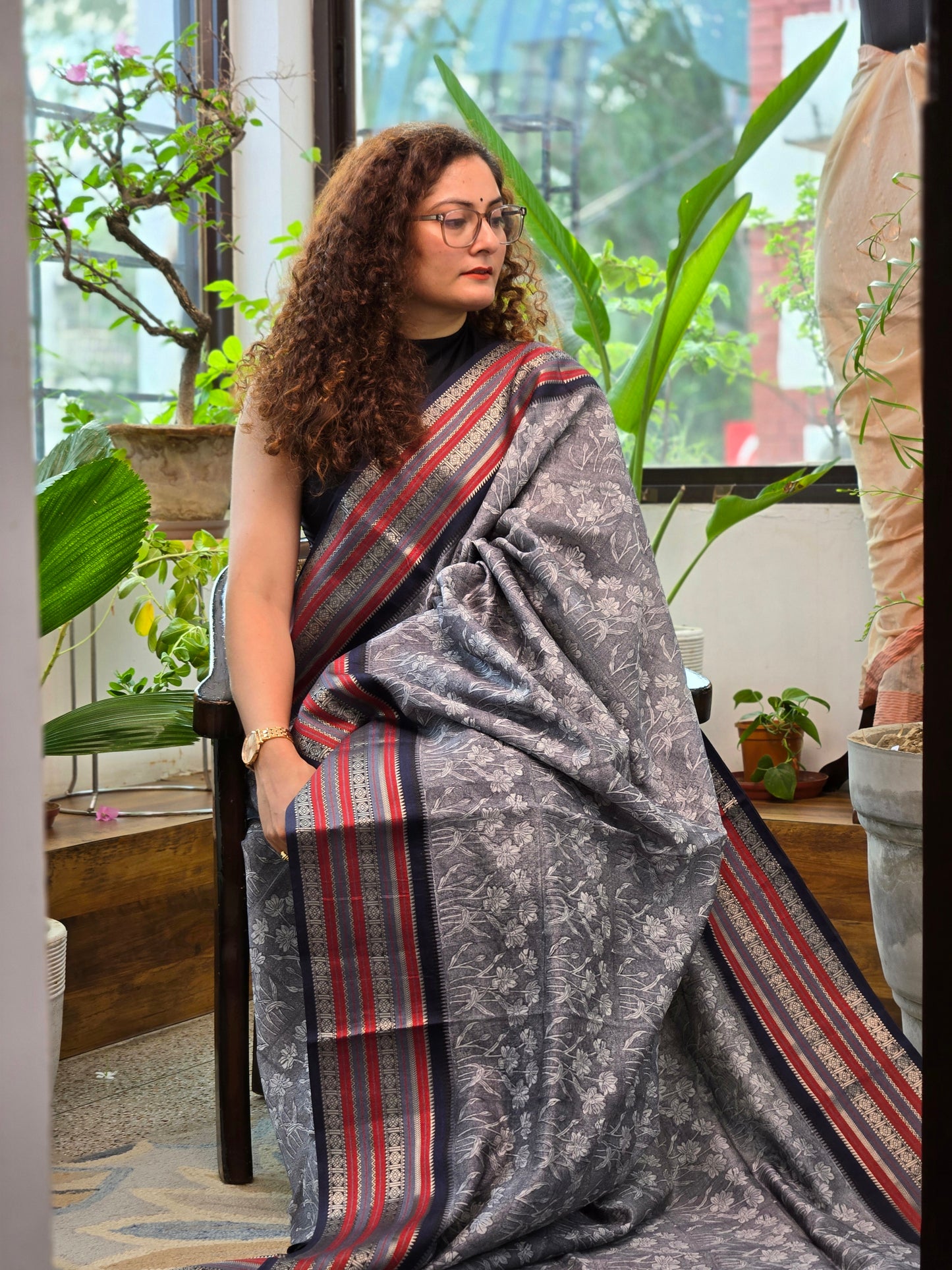 Grey Printed Silk Cotton Saree 6