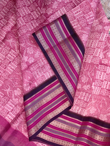 Magenta Pink Printed Silk Cotton Saree