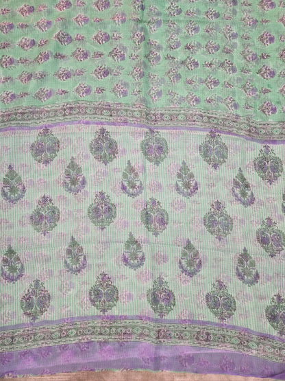 GREEN LILAC HANDBLOCK KOTA DORIYA SAREE