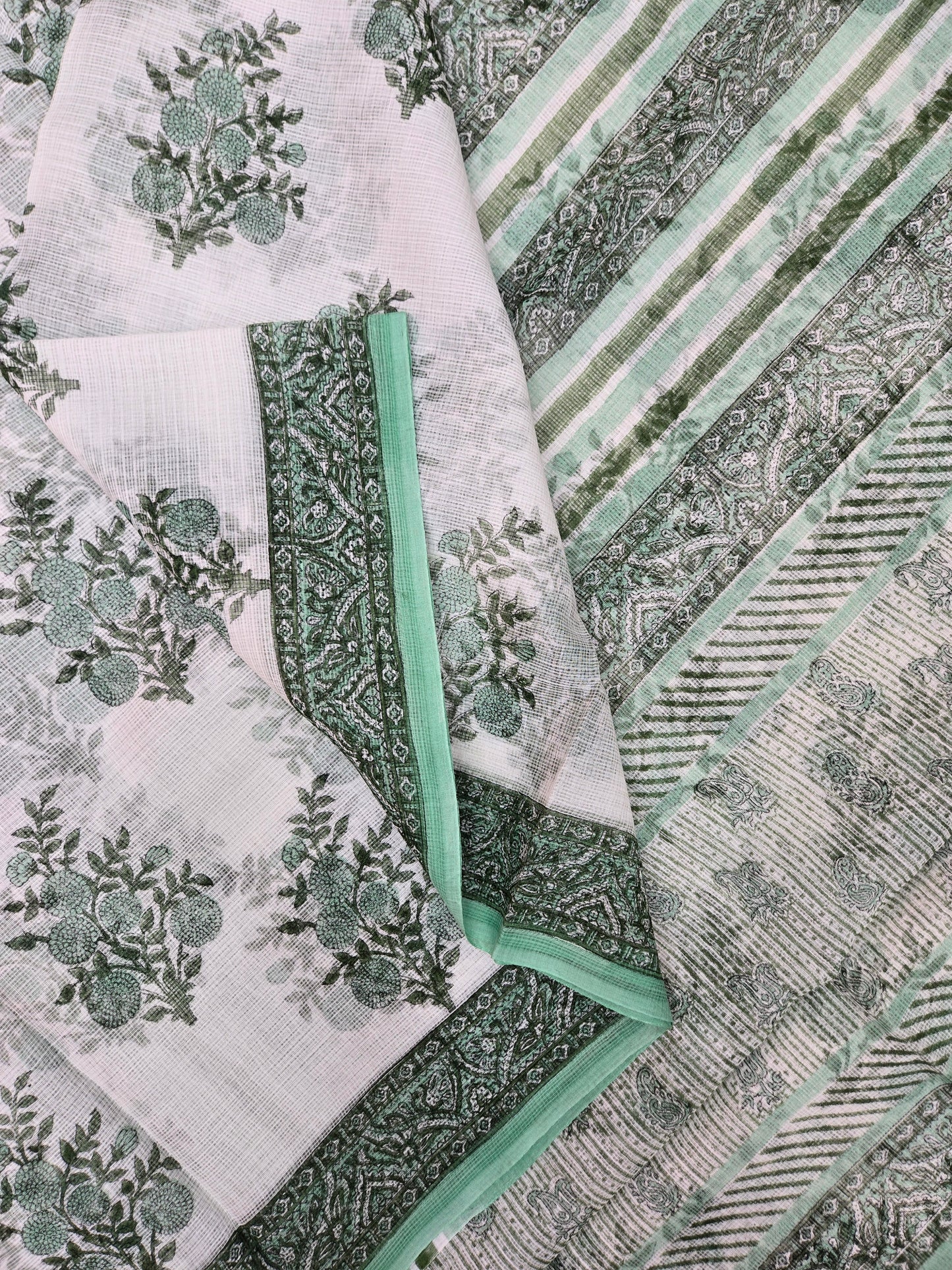 WHITE GREEN HANDBLOCK KOTA DORIYA SAREE