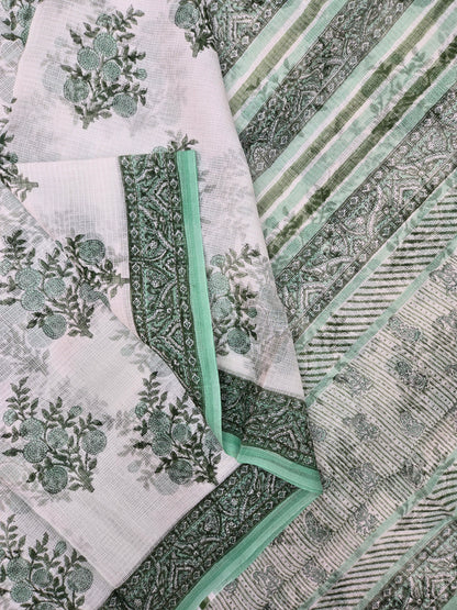 WHITE GREEN HANDBLOCK KOTA DORIYA SAREE