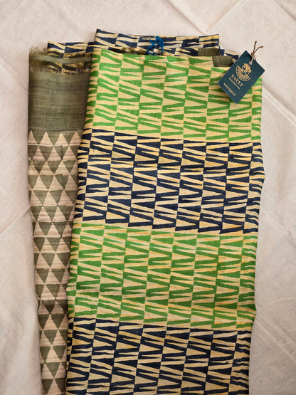 Green Blue Printed silk Saree