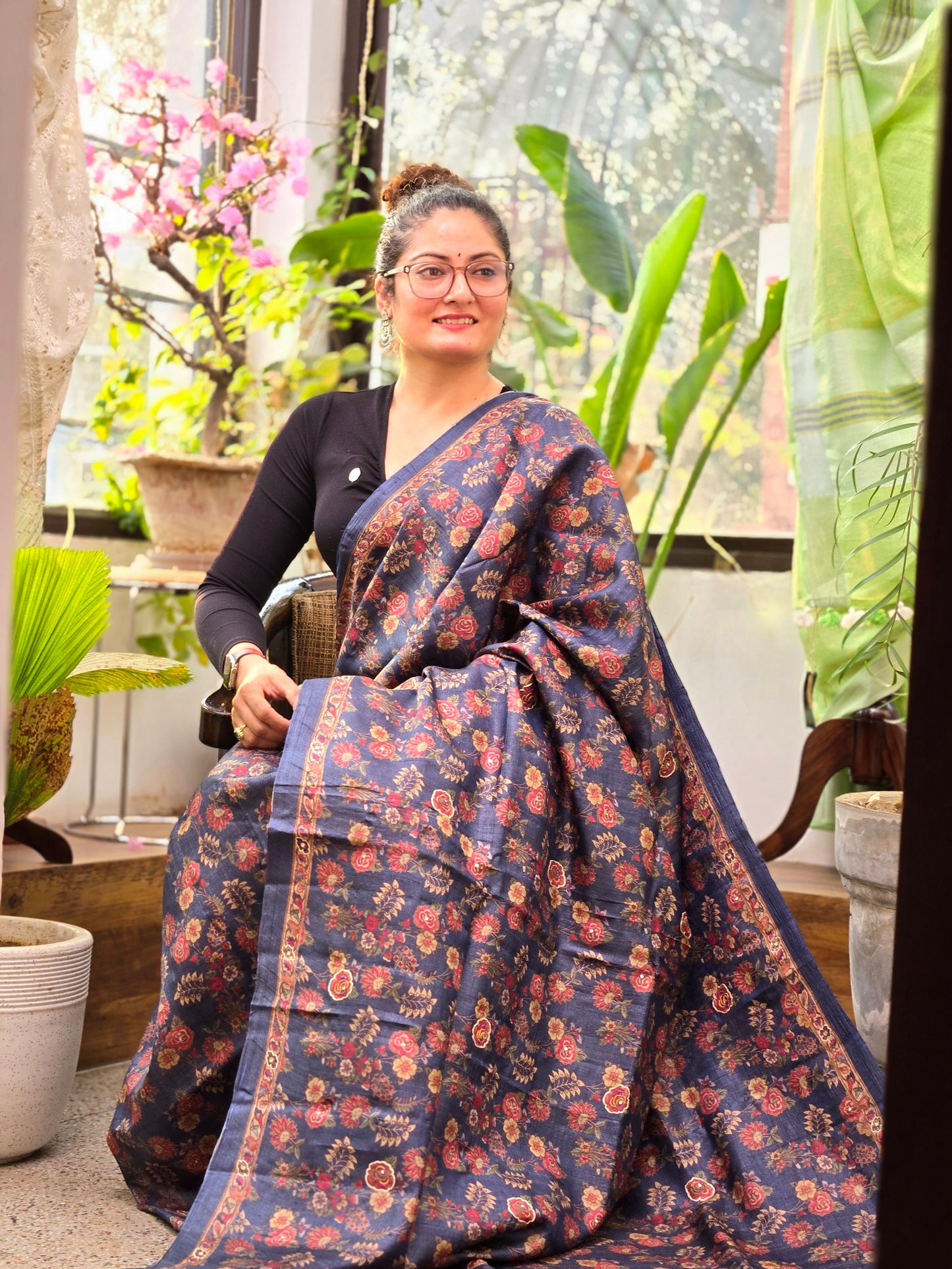 Midnight Blue Tussar Silk Saree