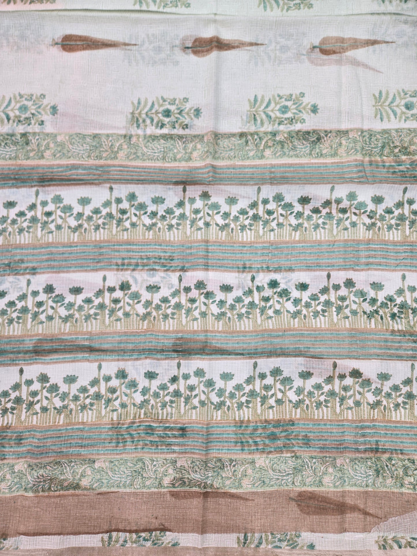 WHITE GREEN HANDBLOCK KOTA DORIYA SAREE