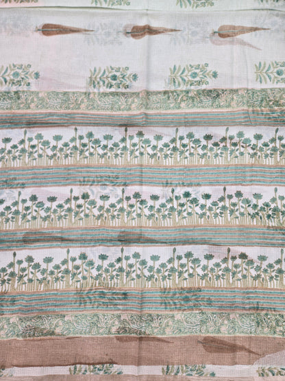 WHITE GREEN HANDBLOCK KOTA DORIYA SAREE
