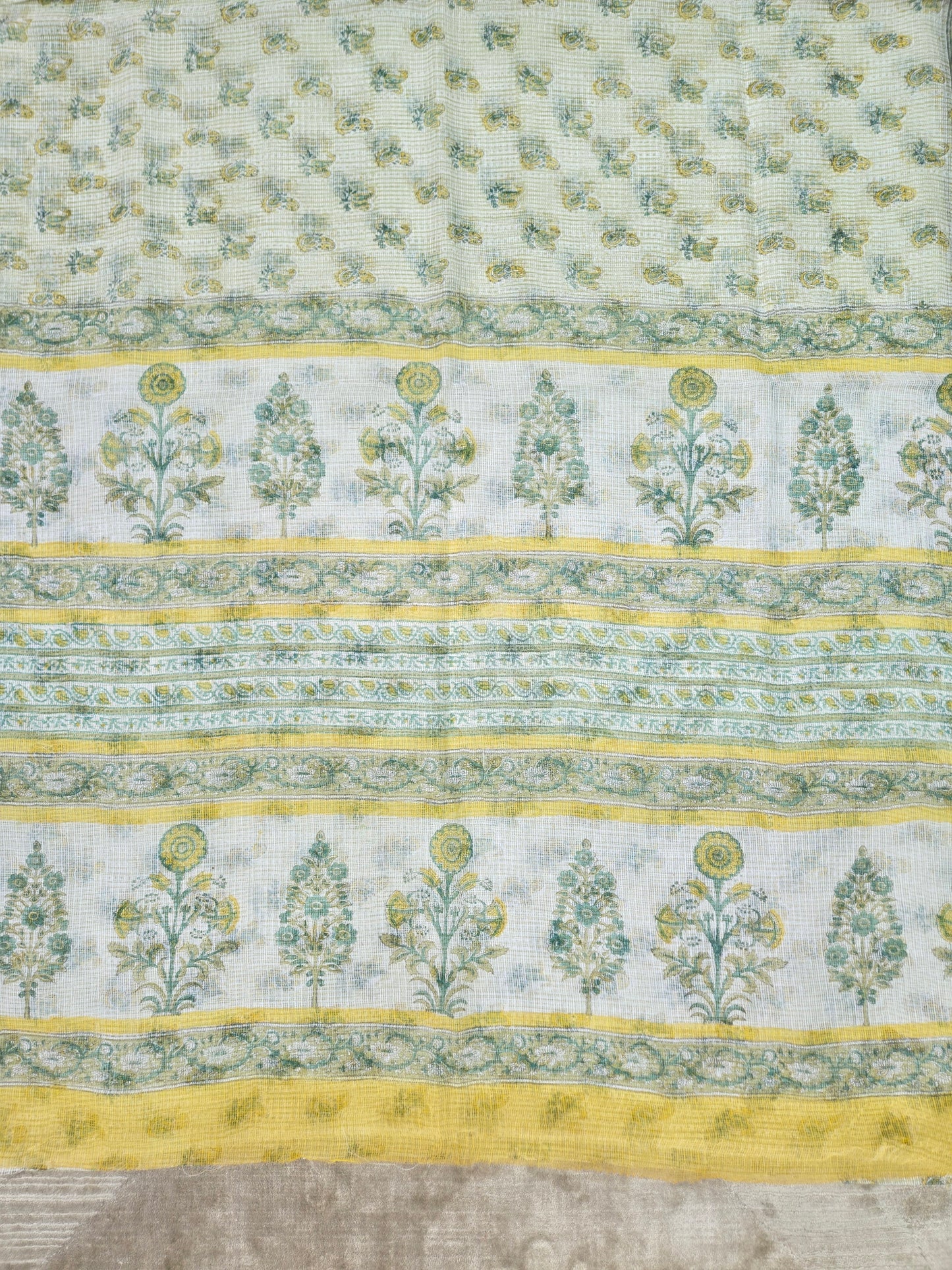 WHITE YELLOW HANDBLOCK KOTA DORIYA SAREE