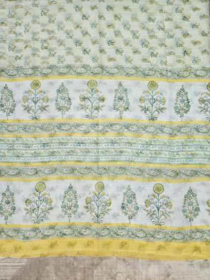 WHITE YELLOW HANDBLOCK KOTA DORIYA SAREE