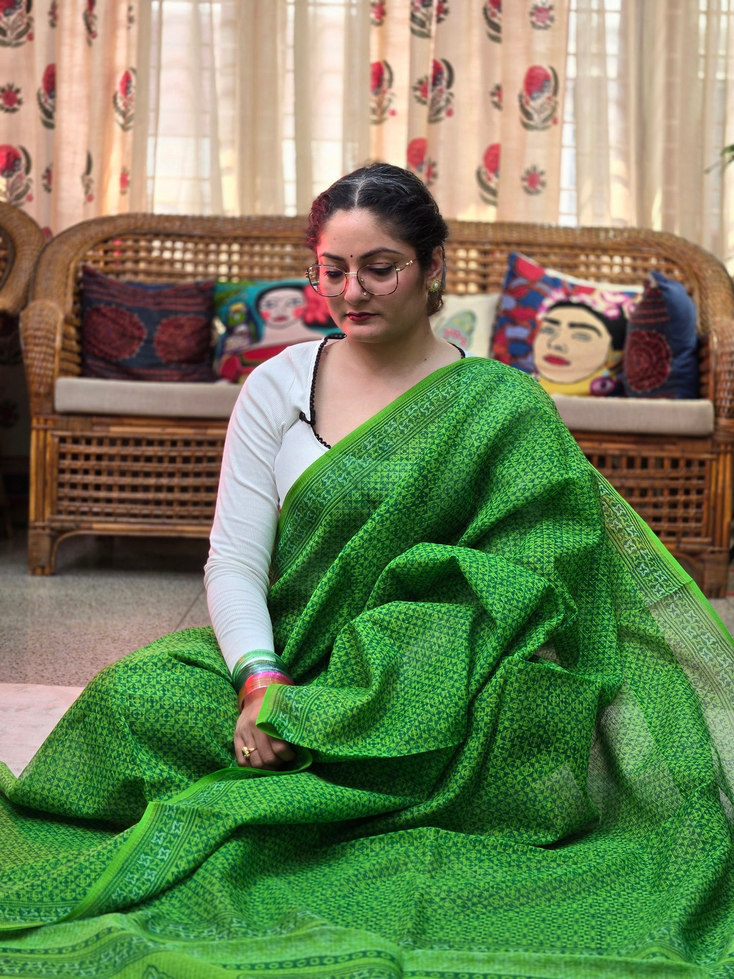 GREEN HANDBLOCK KOTA DORIYA SAREE