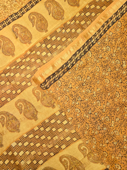 Yellow silk cotton handblock saree