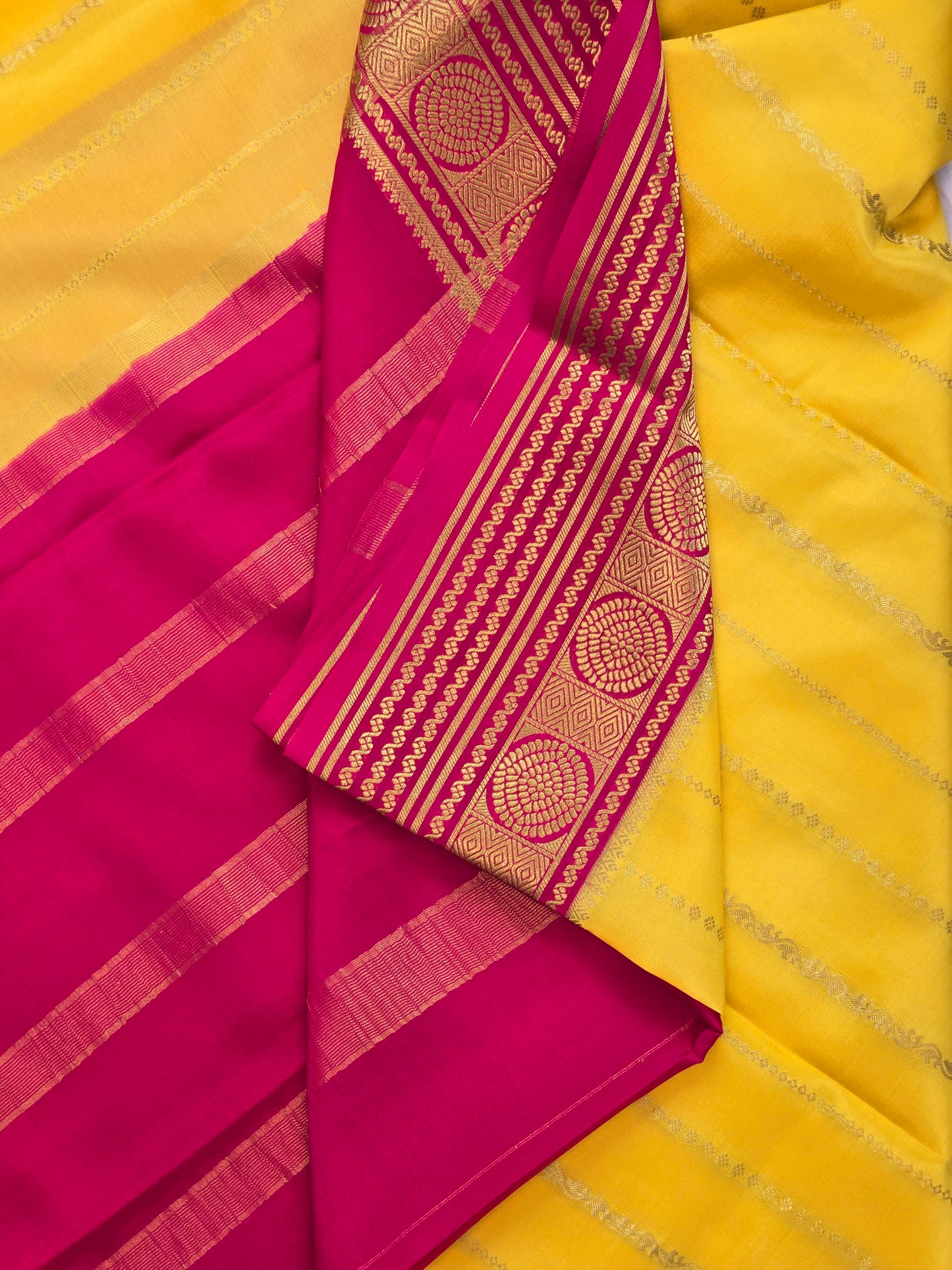 Yellow Pink Myosre crepe Silk Saree