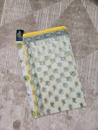 WHITE YELLOW HANDBLOCK KOTA DORIYA SAREE