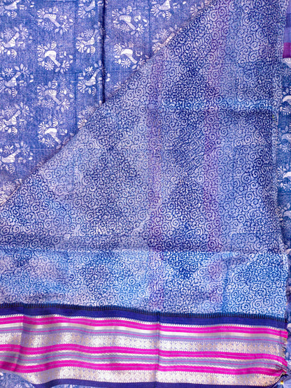 Blue Printed Silk Cotton Saree 3