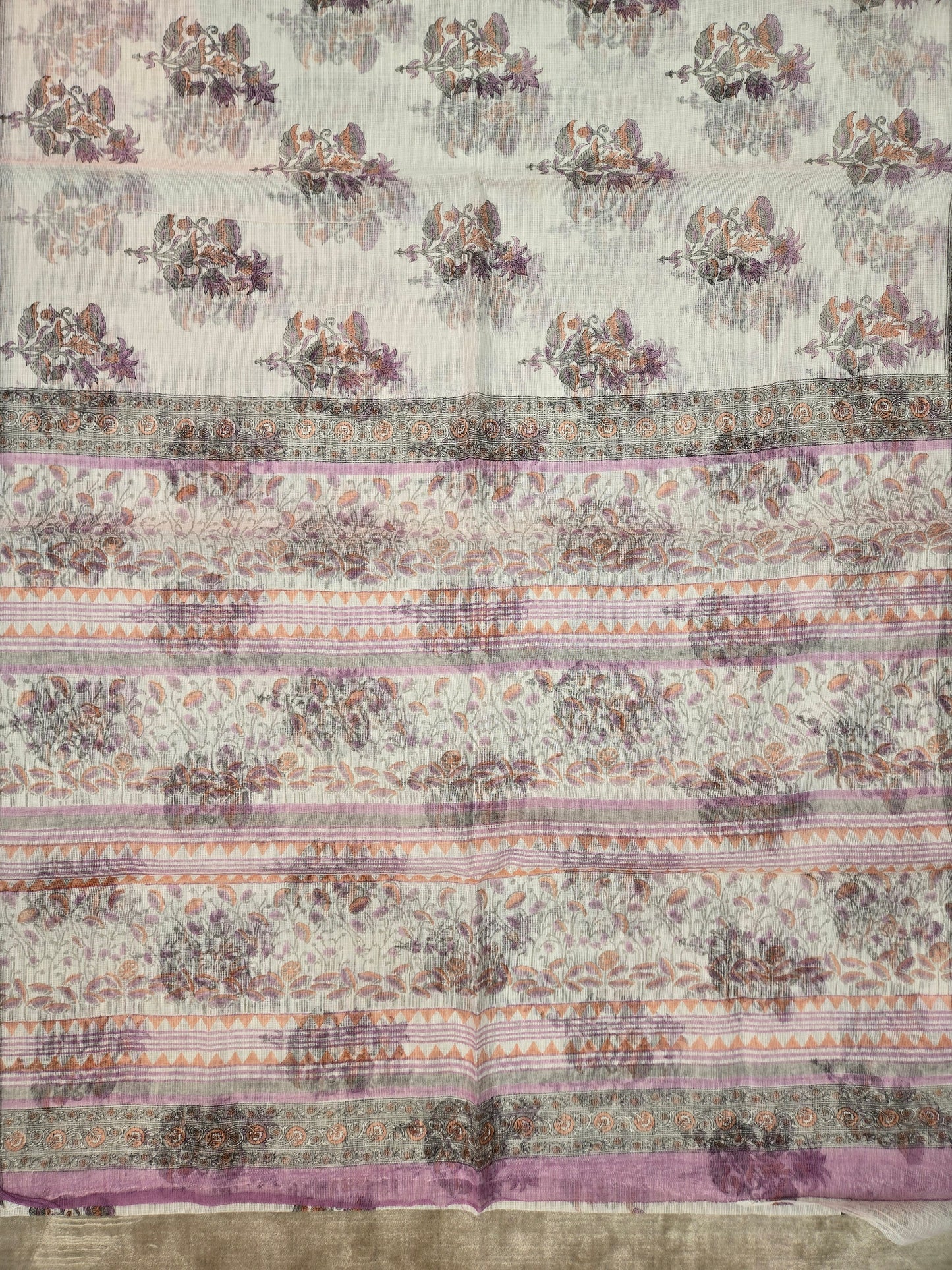 WHITE LAVENDER HANDBLOCK KOTA DORIYA SAREE