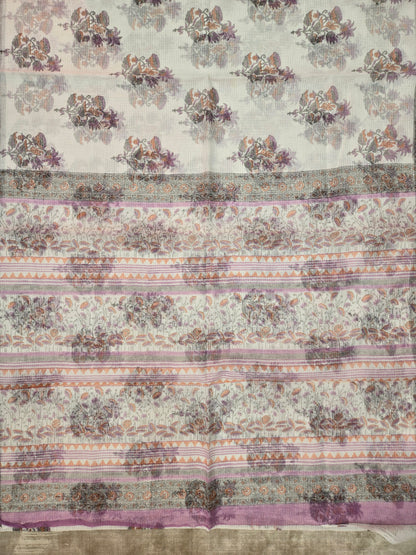 WHITE LAVENDER HANDBLOCK KOTA DORIYA SAREE