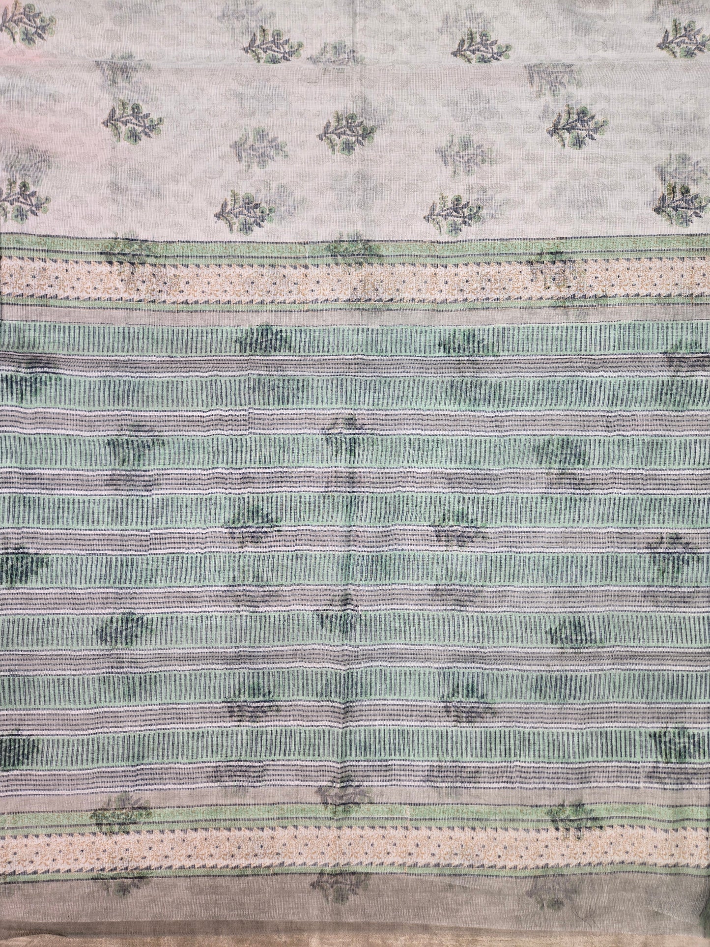WHITE GREEN HANDBLOCK KOTA DORIYA SAREE