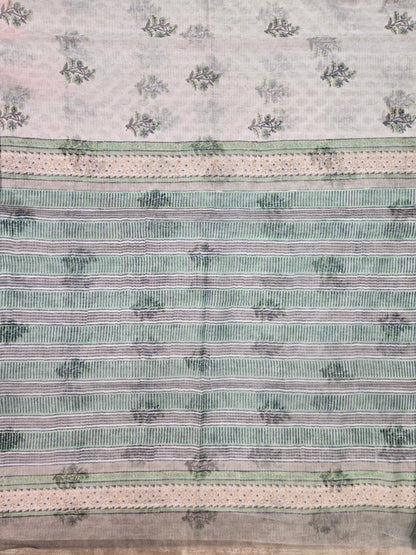 WHITE GREEN HANDBLOCK KOTA DORIYA SAREE