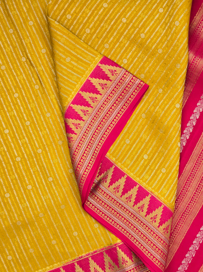 Mustard Yellow Pink Mysore Crepe Silk Saree