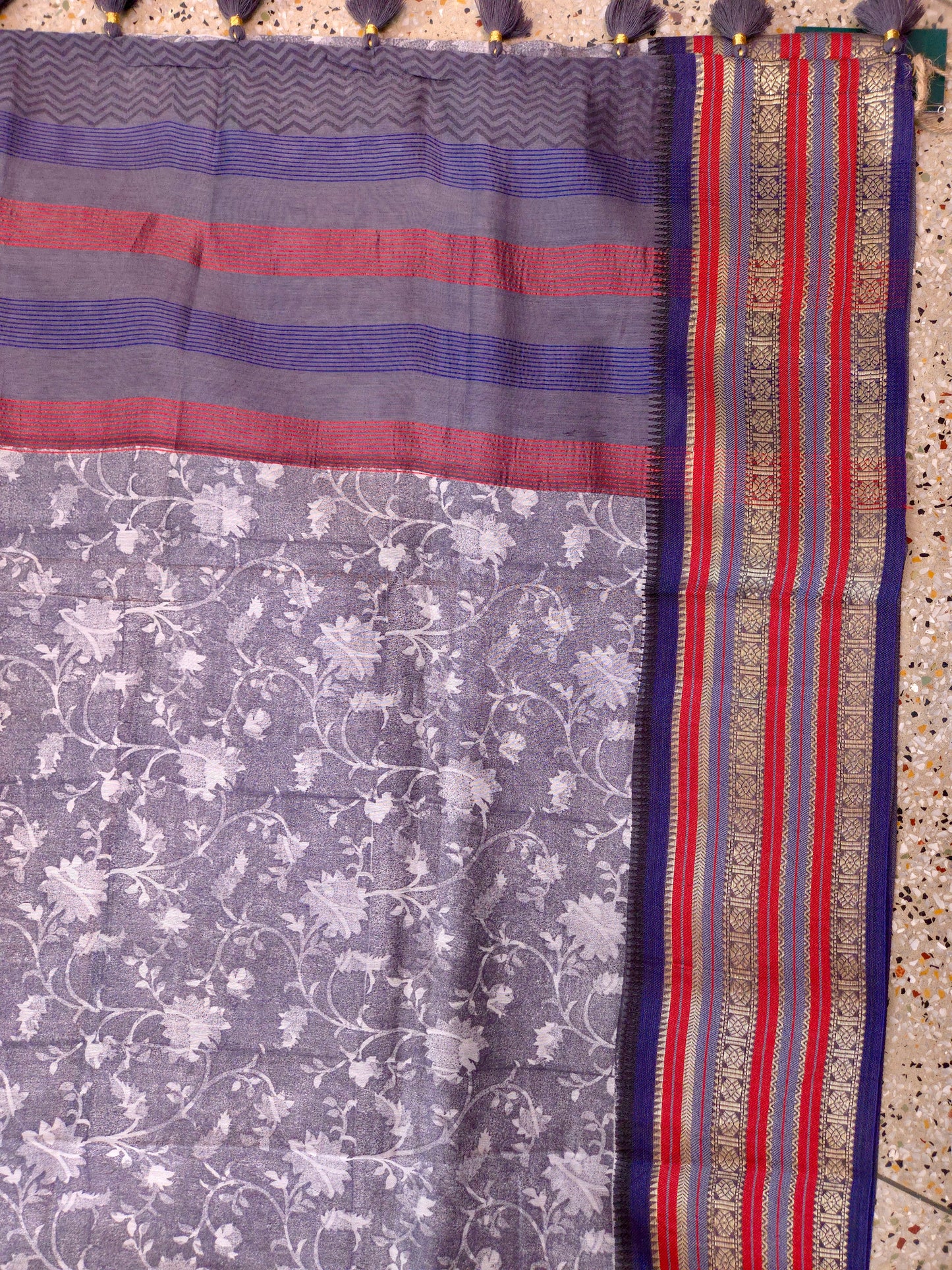 Grey Printed Silk Cotton Saree