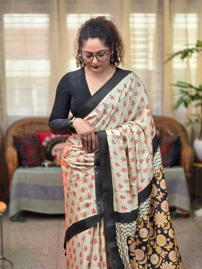 Beige Printed modal Silk Saree