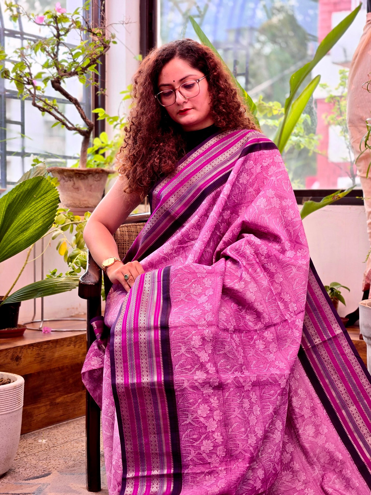 Magenta Printed Silk Cotton Saree 2