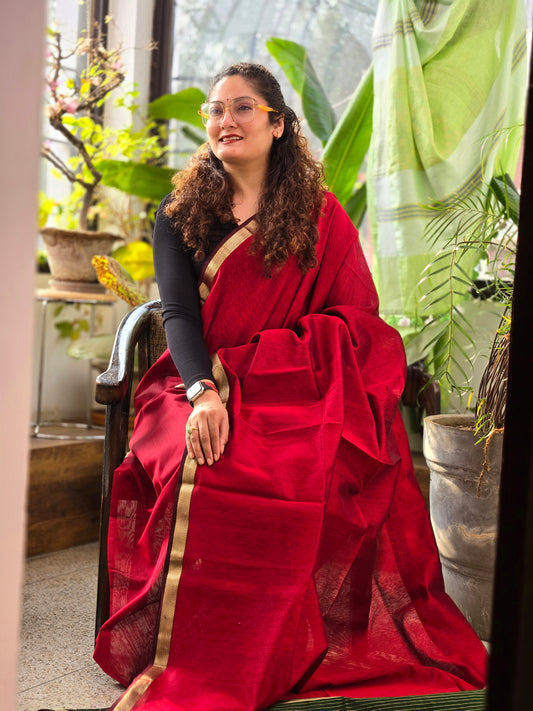 Red Maheshwari silk cotton Saree