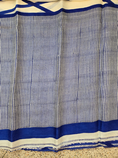 White Blue Printed Silk Saree