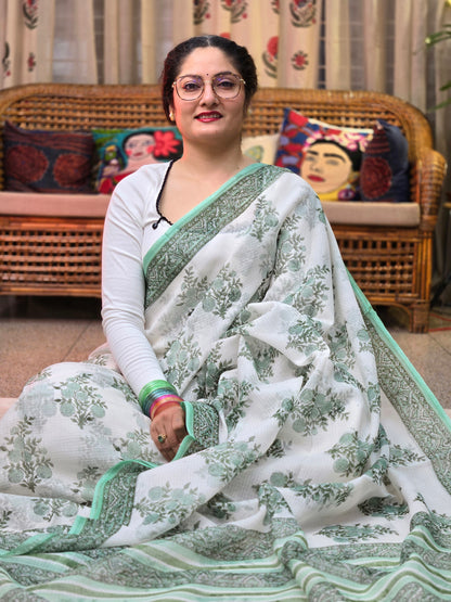WHITE GREEN HANDBLOCK KOTA DORIYA SAREE