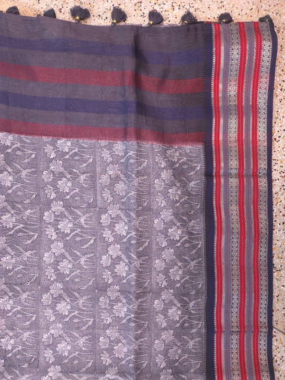 Grey Printed Silk Cotton Saree 6