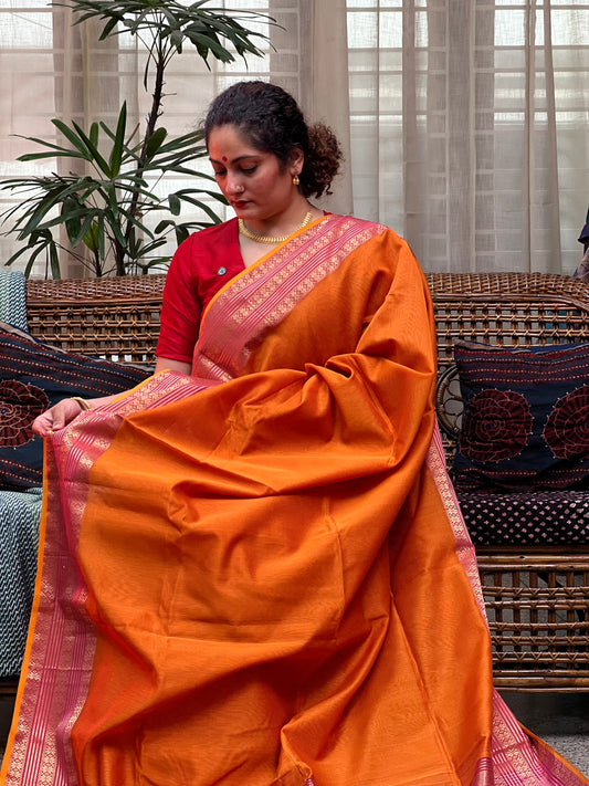 Orange Silk Cotton Maheshwari Saree