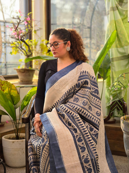 Blue Printed Tussar Saree