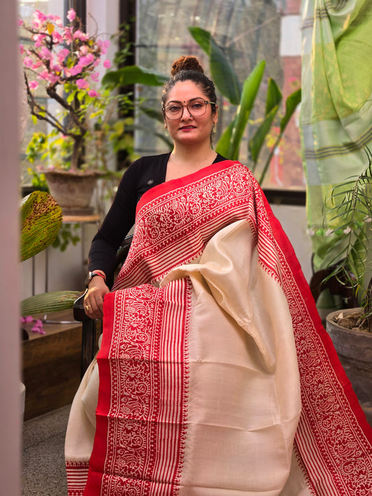 Off White Printed Silk Saree