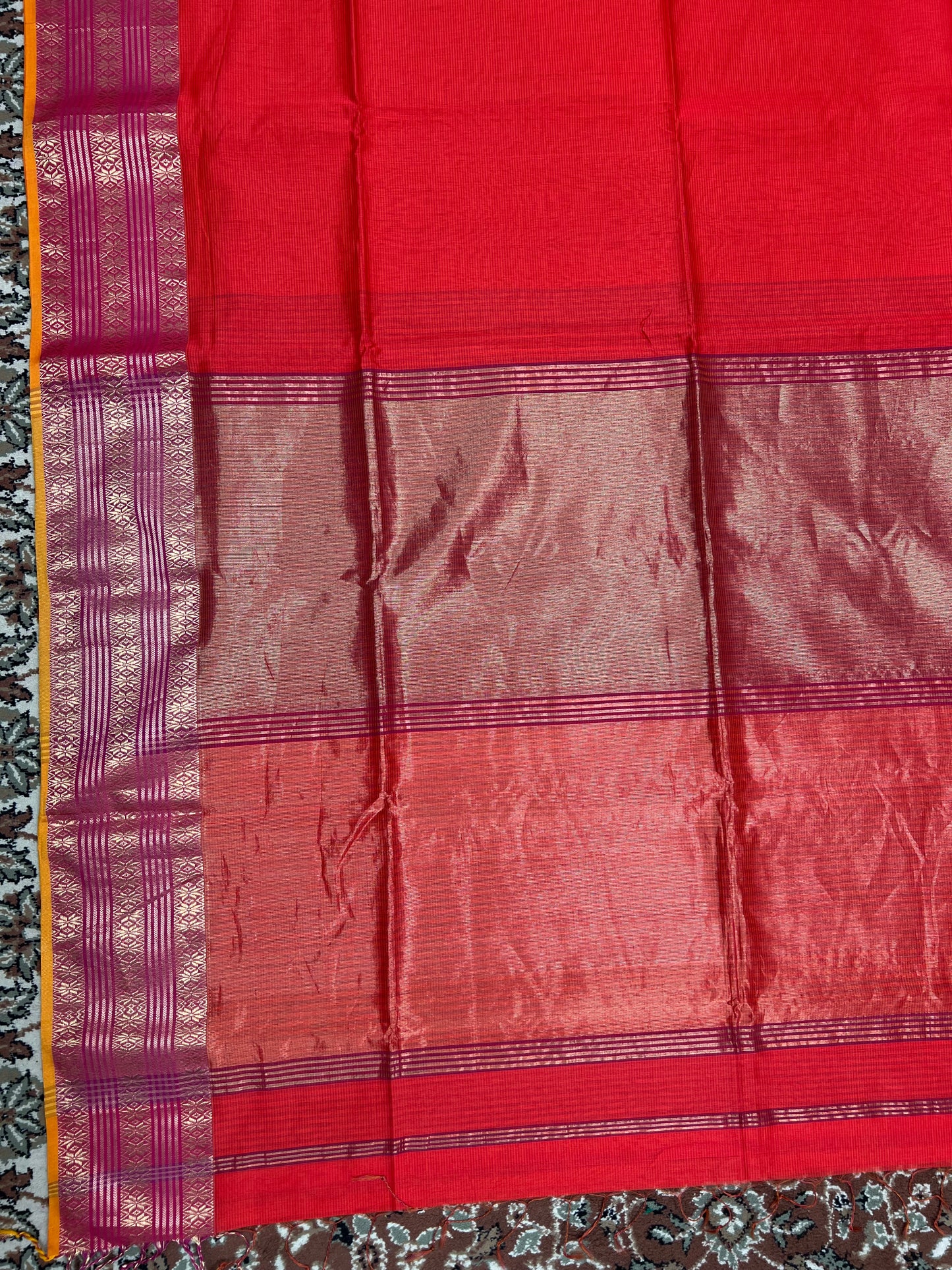 Coral Red Silk Cotton Maheshwari Saree