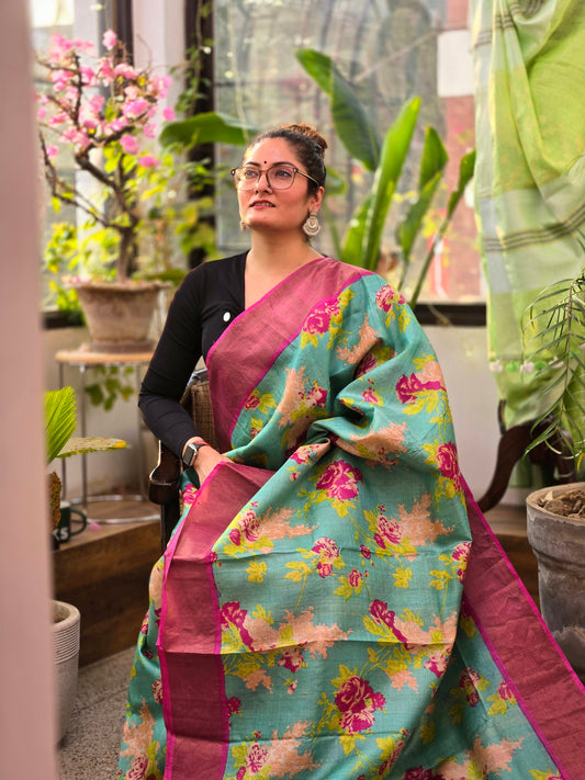 Blue Printed Pure Silk Saree