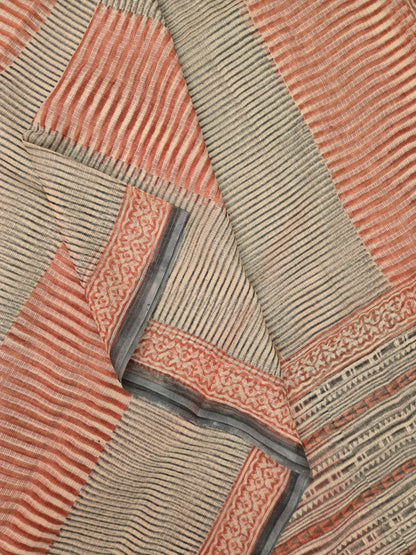 PEACH BEIGE HANDBLOCK KOTA DORIYA SAREE