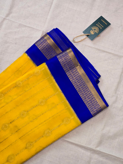 Yellow Blue Mysore Crepe Silk Saree