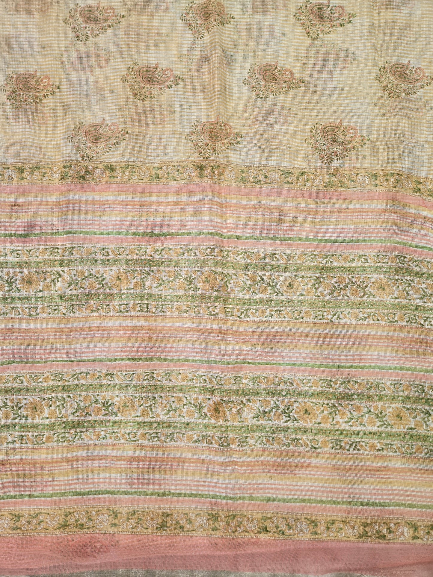 WHITE PEACH HANDBLOCK KOTA DORIYA SAREE