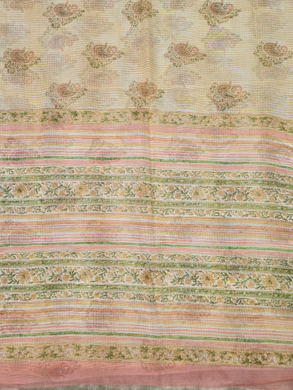 WHITE PEACH HANDBLOCK KOTA DORIYA SAREE