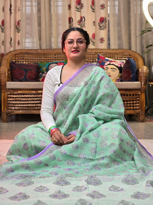 GREEN LILAC HANDBLOCK KOTA DORIYA SAREE