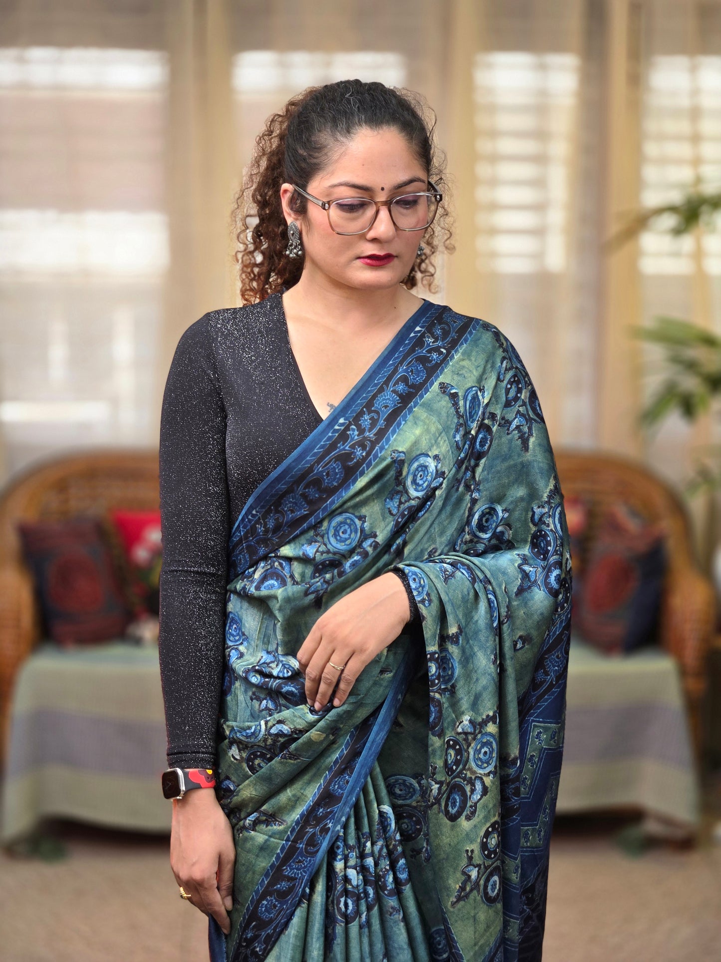 Indigo Green Printed Modal Silk Saree