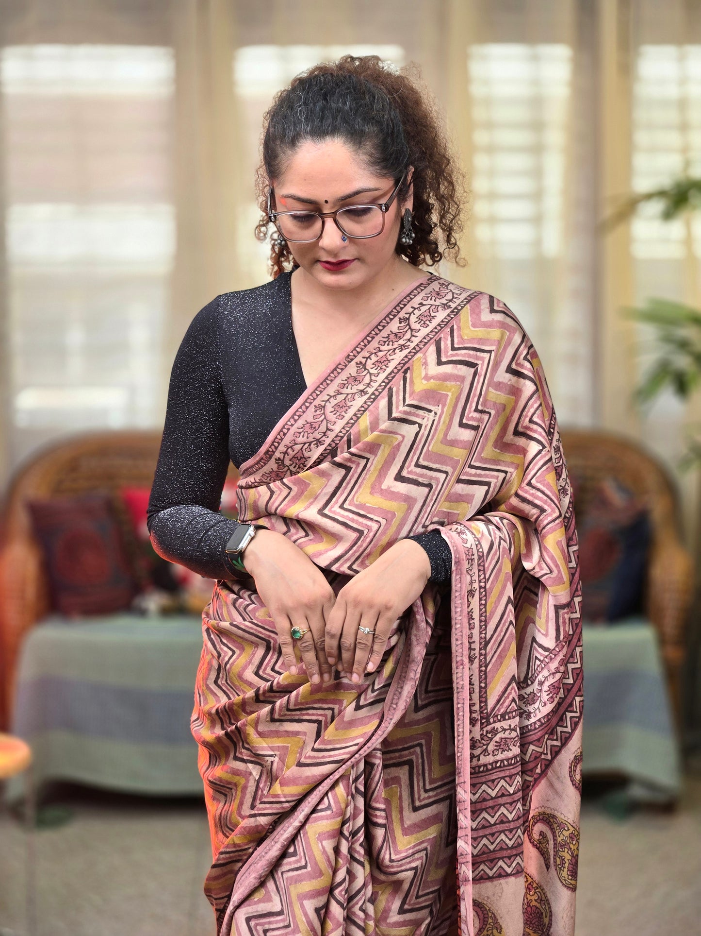 Rust Red Printed Modal Silk Saree