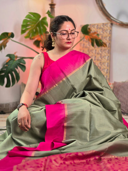 Olive Green Pure Soft Silk Saree