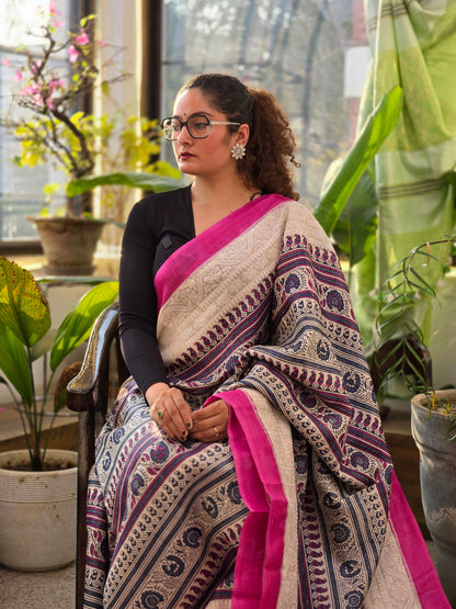 Blue Pink Printed Silk Saree