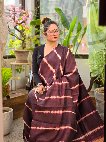 Dark Brown Shibhori Pure Silk Saree