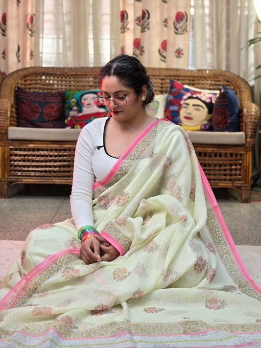 WHITE GREEN HANDBLOCK KOTA DORIYA SAREE