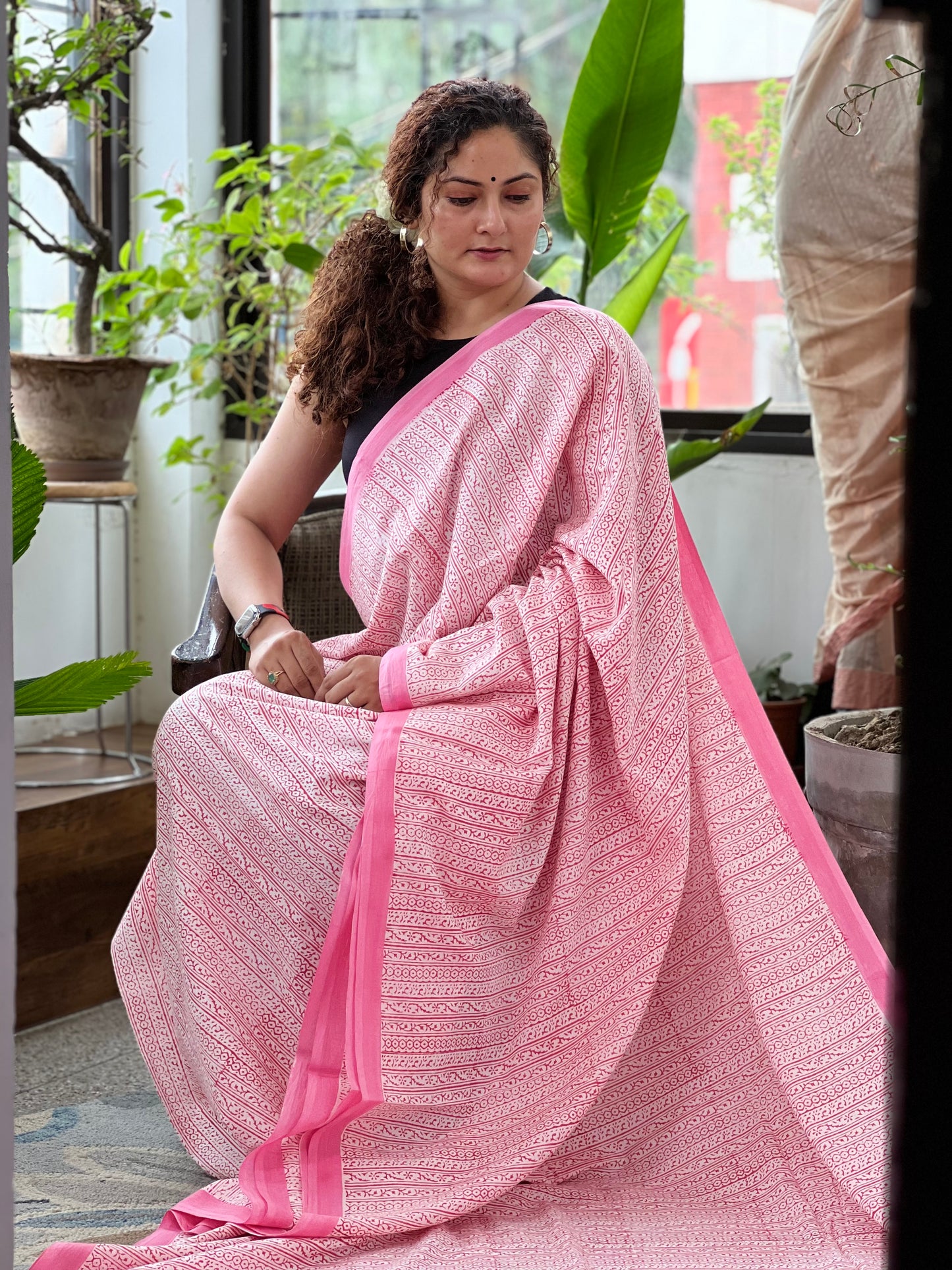 Pink Printed Cotton Saree