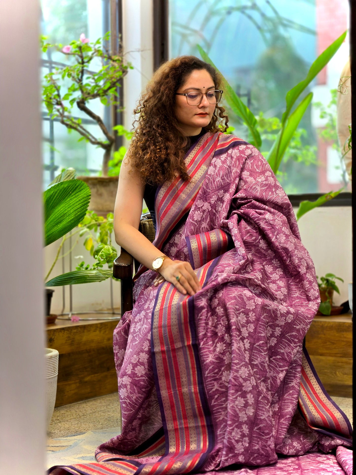 Magenta Printed Cotton Silk Saree